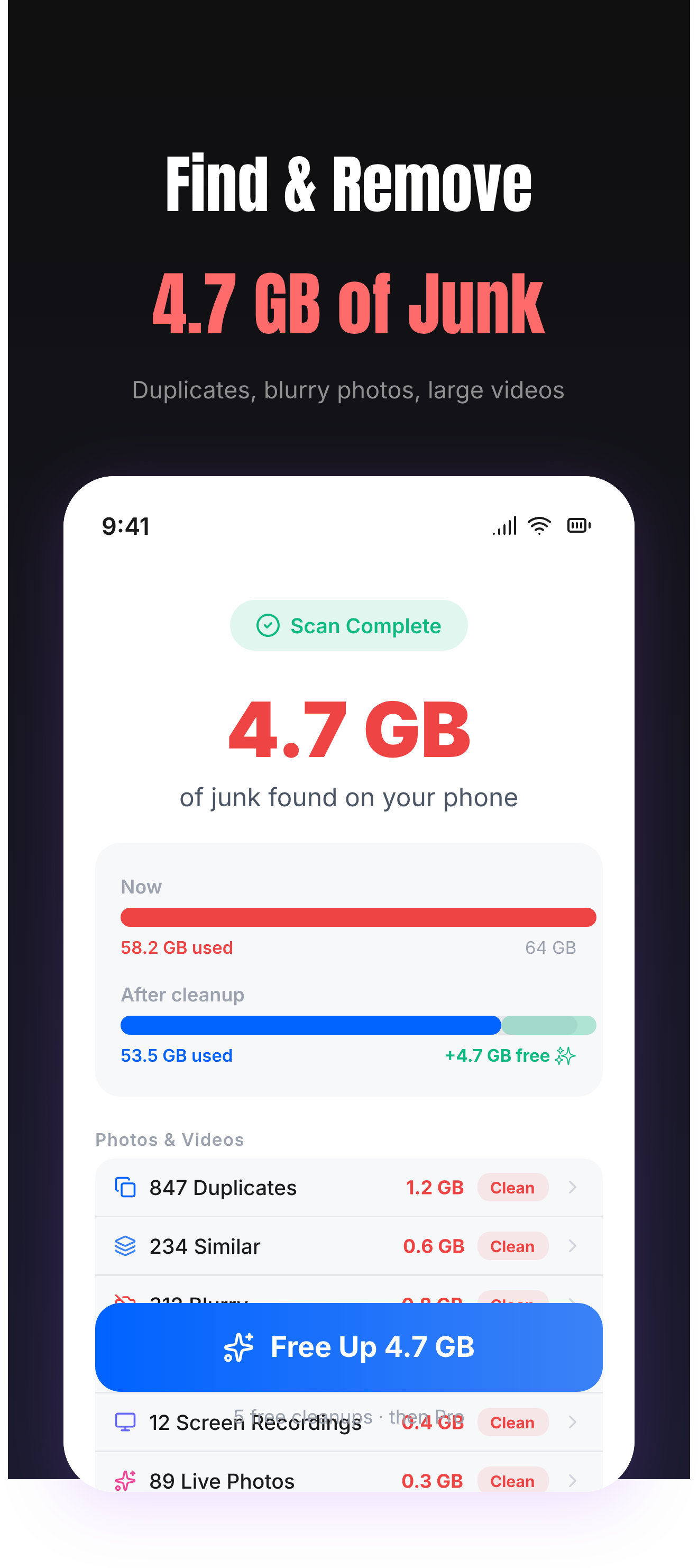 Find and remove 4.7 GB of junk — scan results dashboard