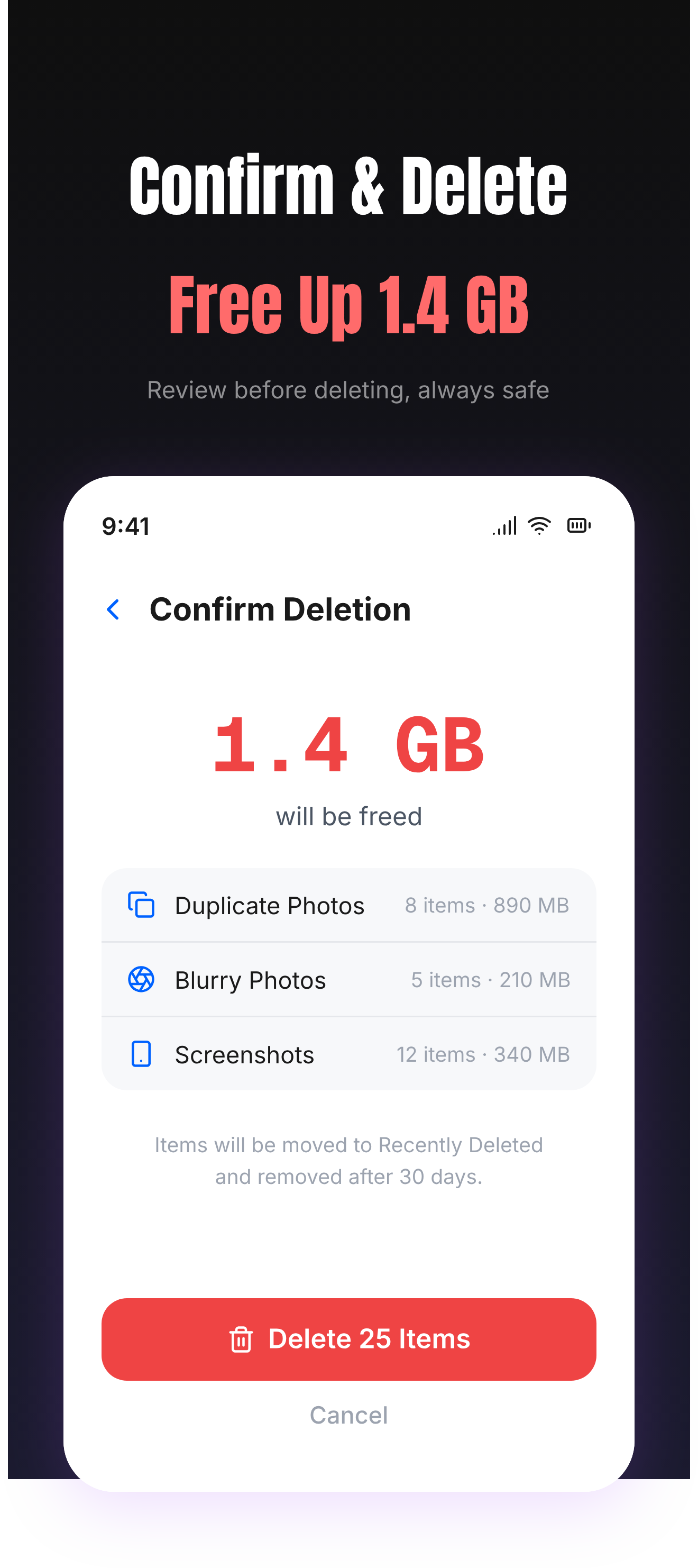 Confirm deletion and free up 1.4 GB